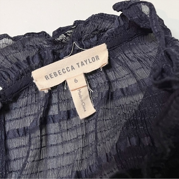 Rebecca Taylor 100% Silk Clip Mix Top 6 navy blue black lace sheer puff sleeve - Picture 7 of 12